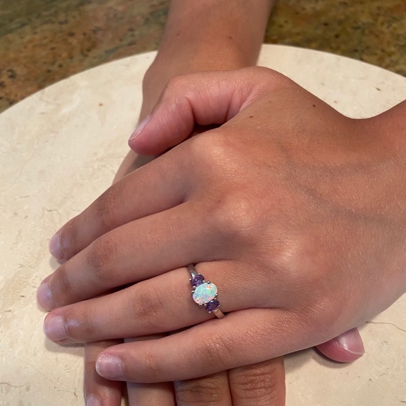 Sterling Silver Lab Created Opal Ring - Picture 7 of 16